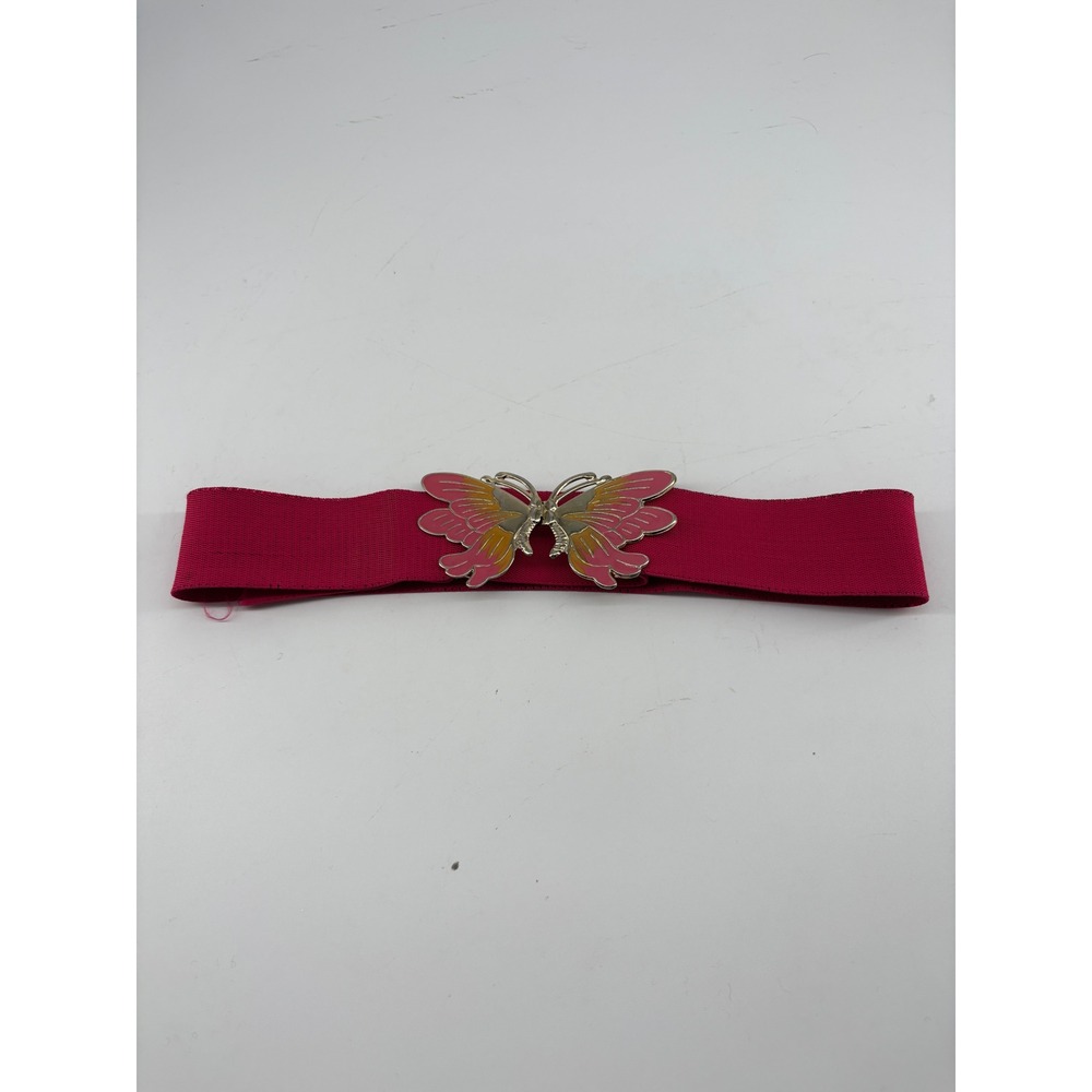 Vintage 1980s Hot Pink Elastic Cinch Belt Butterfly Buckle Retro Boho